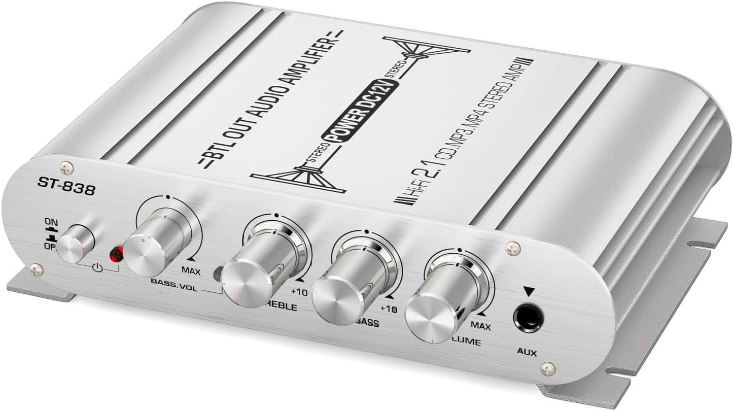 Facmogu ST-838 2.1CH 20Wx2+40W 80W DC12V Audio Power Amplifier, RMS Class D Stereo Digital Audio Amp with Subwoofer
