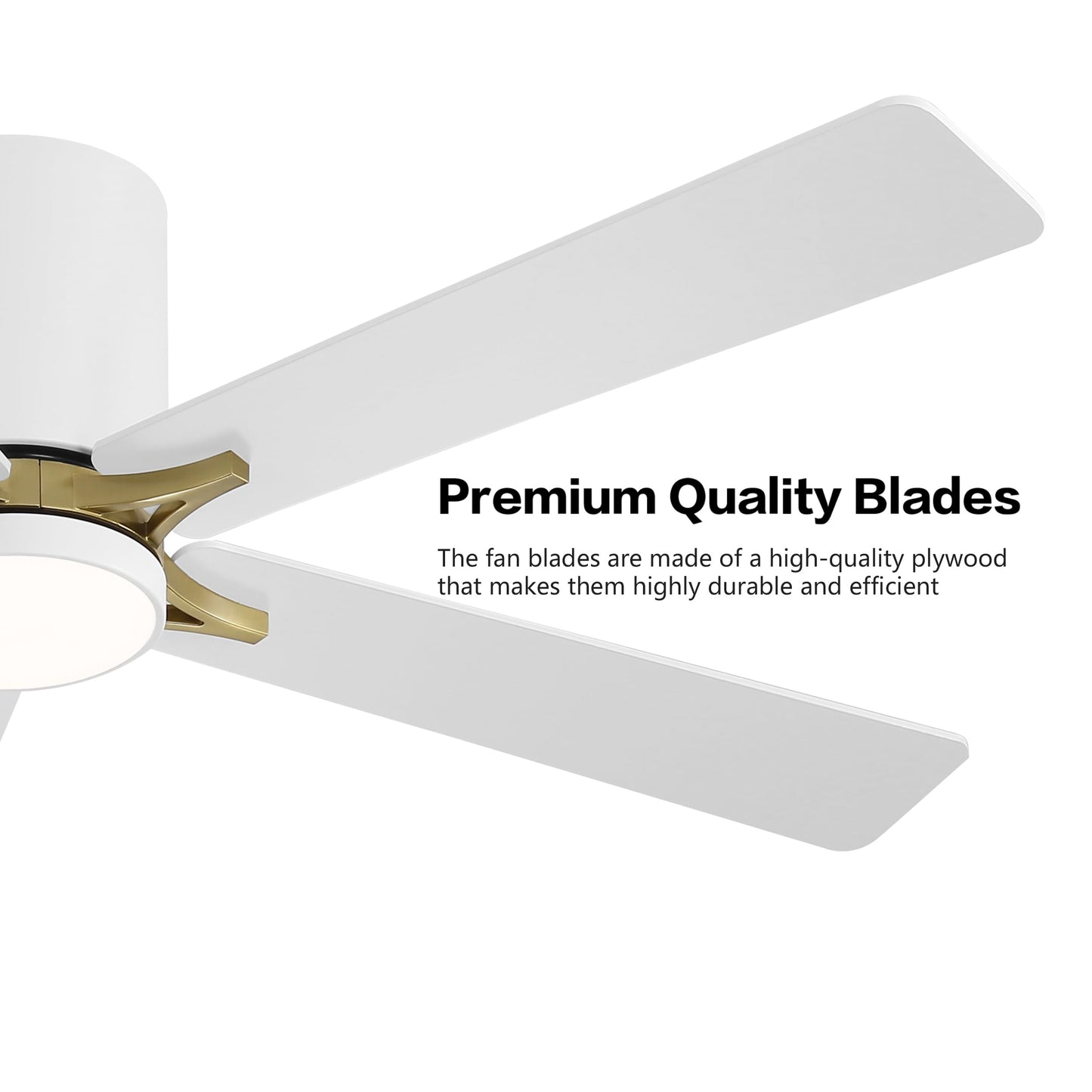WINGBO 52" DC Flush Mount Ceiling Fan with Lights, 5 Plywood Blades, 6-Speed Reversible DC Motor, 3CCT, Low Profile Hugger Ceiling Fan for Living Room Bedroom Kitchen, White and Brass