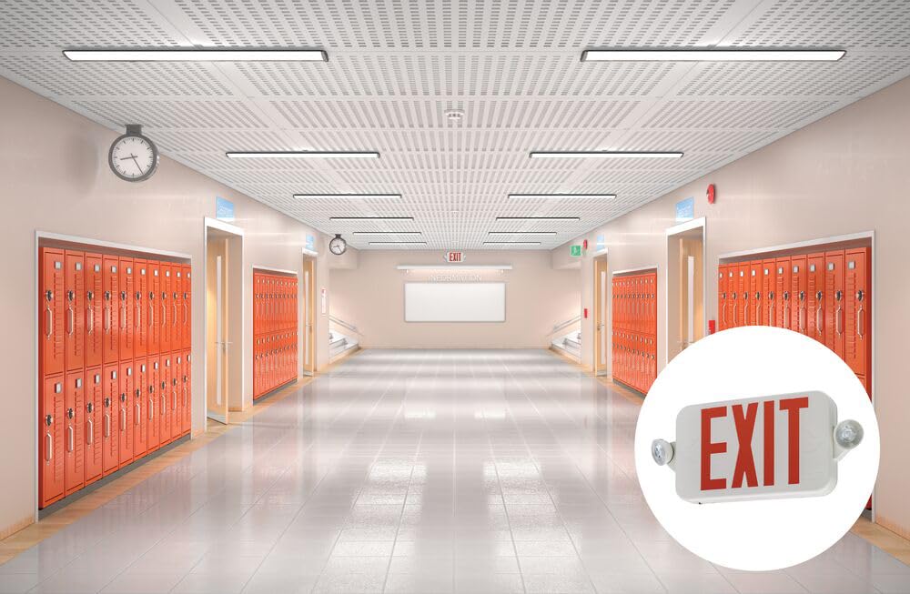 Lithonia Lighting Basics LED Exit Sign/Emergency Light Combo, Red/Green Switchable Exit Sign and Emergency Lights for Business, 2-Head Fixture, Round Lights, Remote Capacity, White (ECRG HO RD M6)