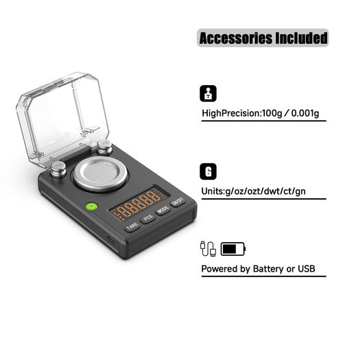 MicolMeas Milligram Scale 100g x 0.001g, MG Powder Scale with Selectable Auto Off, Built-in Bubble Level, 20g Calibration Weight Included, USB/Battery