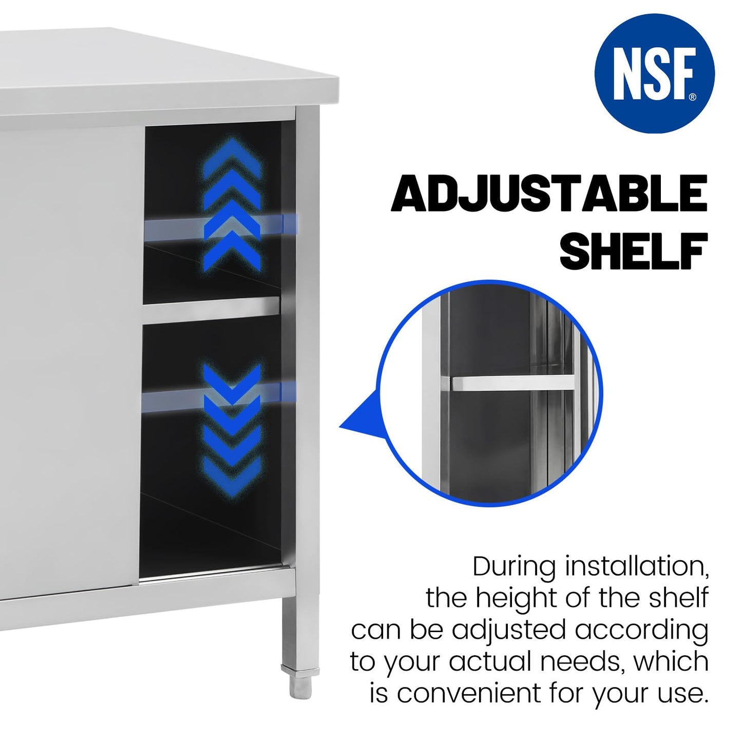 Hally Stainless Steel Cabinet, 24" x 60" NSF Commercial Heavy Duty Prep Workbench with Two Sliding Doors, Large Storage Cabinet, Metal Table for Kitchen, Restaurant, Garage