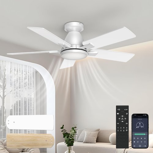 AIKVSXER Ceiling Fans with Lights,42" Low Profile Ceiling Fan with Lights and Remote,Reversible,3CCT, Dimmable,Noiseless,White Ceiling Fan for Bedroom,Living Room,Hallway