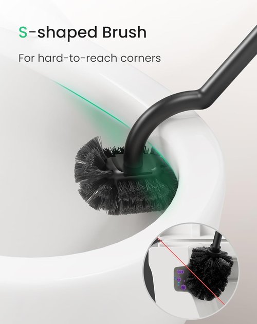 Cesun Toilet Brush Set - Curved Design for Deep Cleaning | 304 Stainless Steel Holder, Black, 2 Replaceable Heads