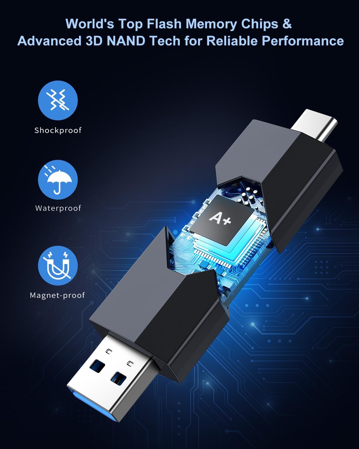 RAOYI 64GB 2 1 3.0 17/16/15 USB C Flash Drive in Type C + USB Flash Drive Dual OTG Retractable Type-C Thumb Drive