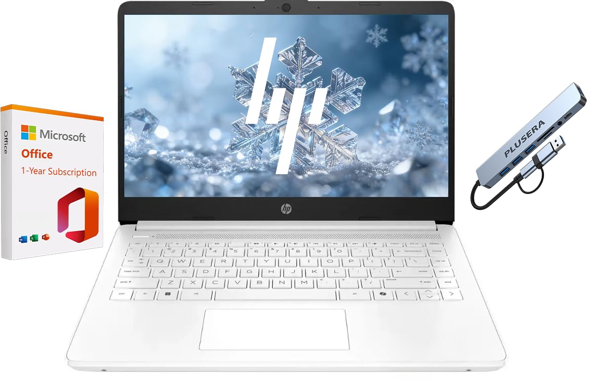 HP 14" Business Laptop with 1-Year Office 365 & Copilot AI, Windows 11 Laptop 8GB RAM 576GB Storage (64GB SSD+512GB SD Card), Dual-Core Intel Processor, PLUSERA 8-in-1 Hub Included, Snowflake White