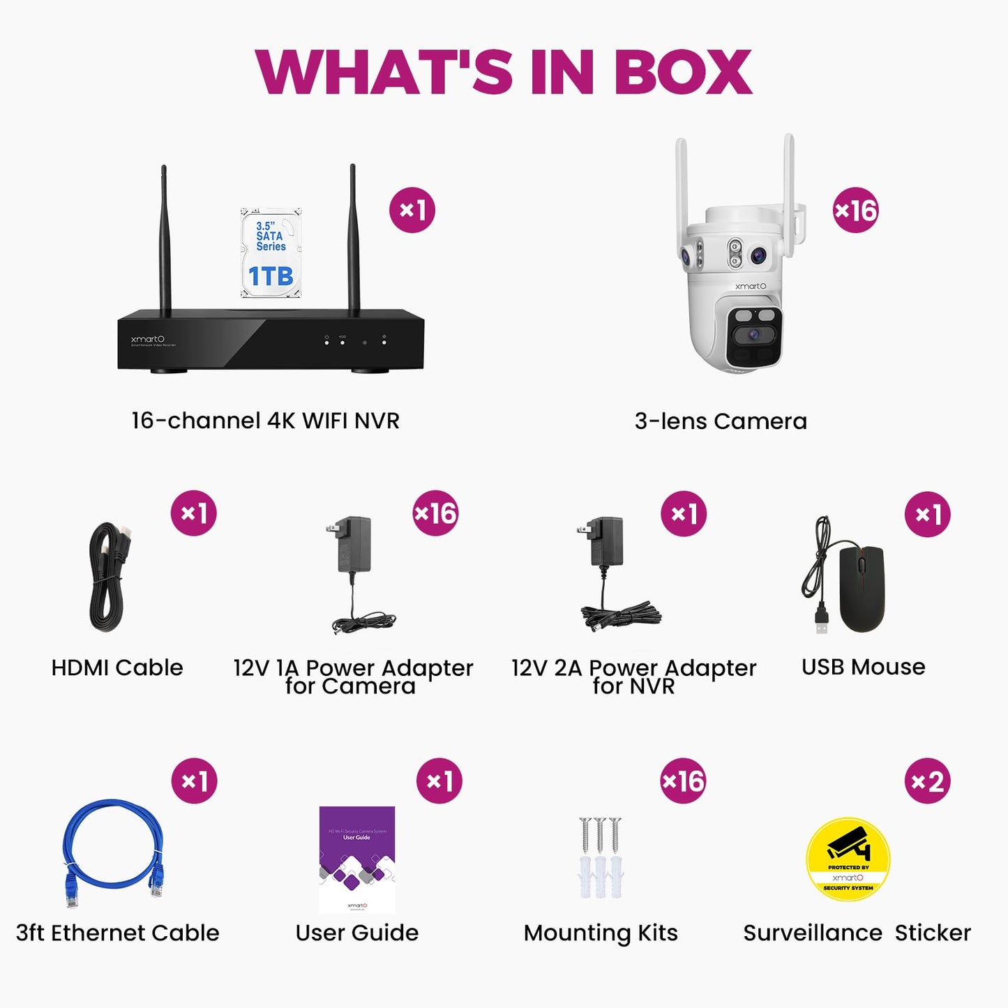 xmartO 16CH 16Pcs 6MP Tri-Lens PTZ Security Camera System, 16CH 4K WiFi 6 Mesh NVR with 1TB NVR, 3-View/Cam, Long Range Wireless, Plug-in 24/7 Home Surveillance, AI Detection, No Monthly Fees