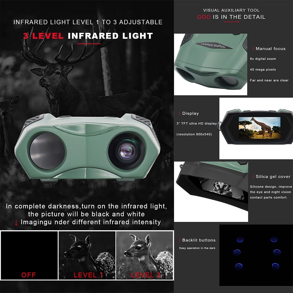 Wheyda 8X 3" 4K New Model Night Vision Goggles, Digital Zoom Binoculars for Adults - Ergonomic Curved Design & Backlit