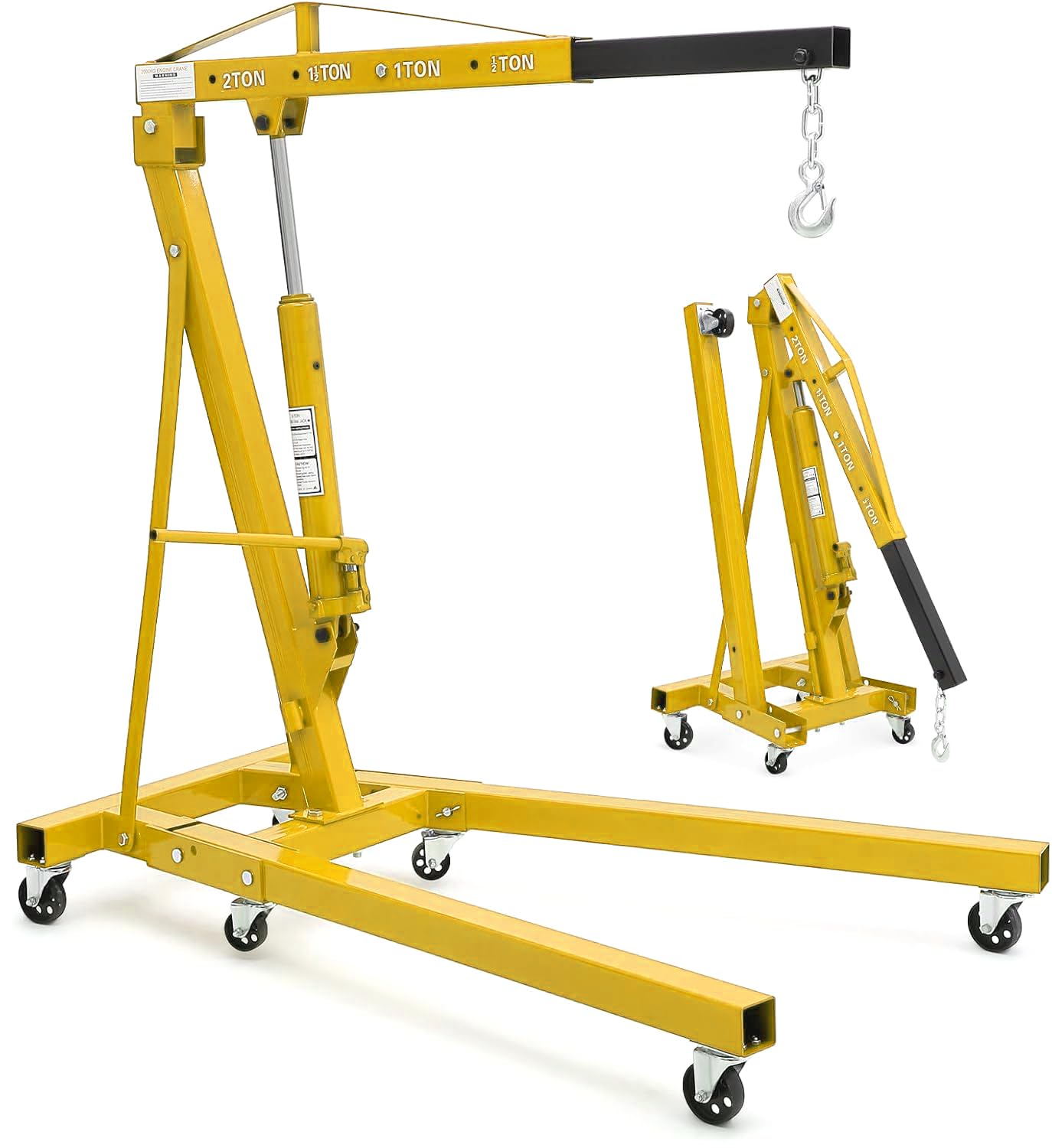 GarveeTech 2 T Engine Hoist, 4000 LBS Heavy Duty Folding Cherry Picker Engine Lift Hydraulic Tilting Engine Shop Crane with 6 Iron Caster Wheels Telescopic Boom Hitch,Yellow