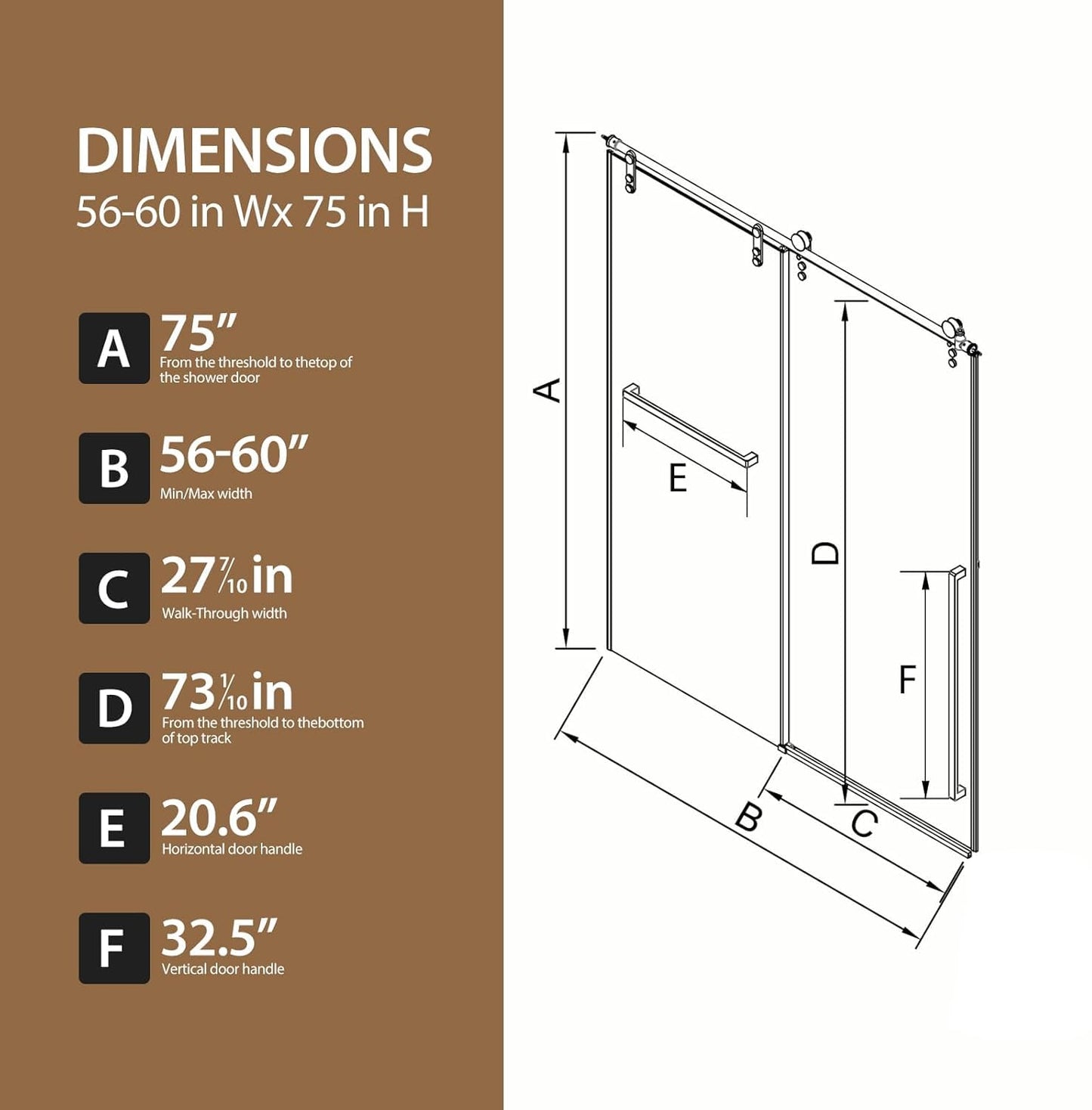 56-60" W x 75" H Glass Shower Door, Frameless Shower Door with 5/16" (8mm) Clear SGCC Tempered Glass, Explosion-Proof Film, Stainless Steel Hardware, Matte Black