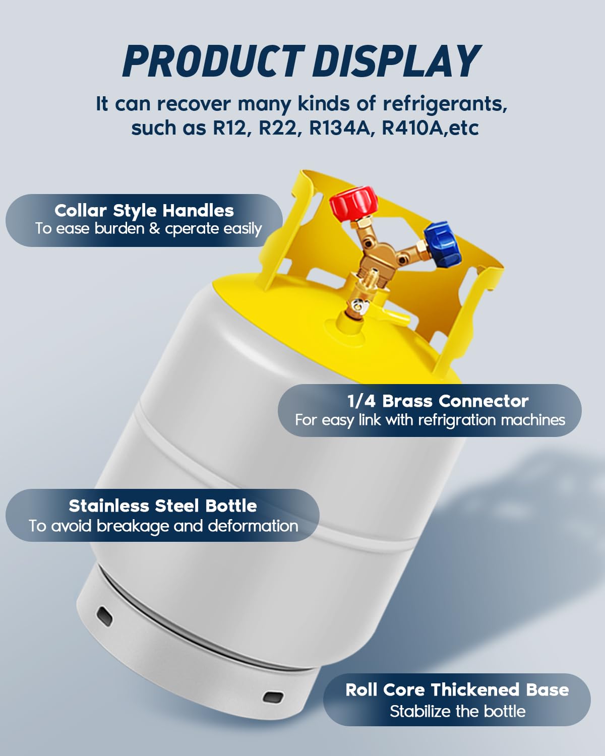 FAHKNS Refrigerant Recovery Tank 30 LB Reusable Recovery Cylinder Tank 1/4 SAE Y-Valve Recovery Can Without Float Switch for R12 R22, R134A, R410A etc Refrigerant Freon Recovery Tank Gray Yellow