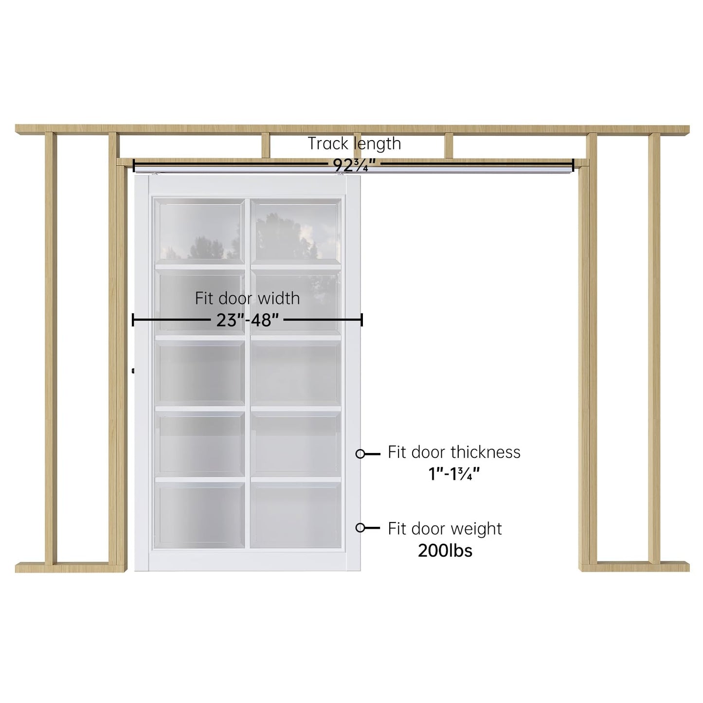 EaseLife 8FT/96in Sliding Pocket Door Hardware Kit,Commercial Grade,Aluminum Box Rail Kit,Slide Smoothly Quietly,Easy Install,No Door (92.5in Track Kit for 23"~48" Wide Single Door)