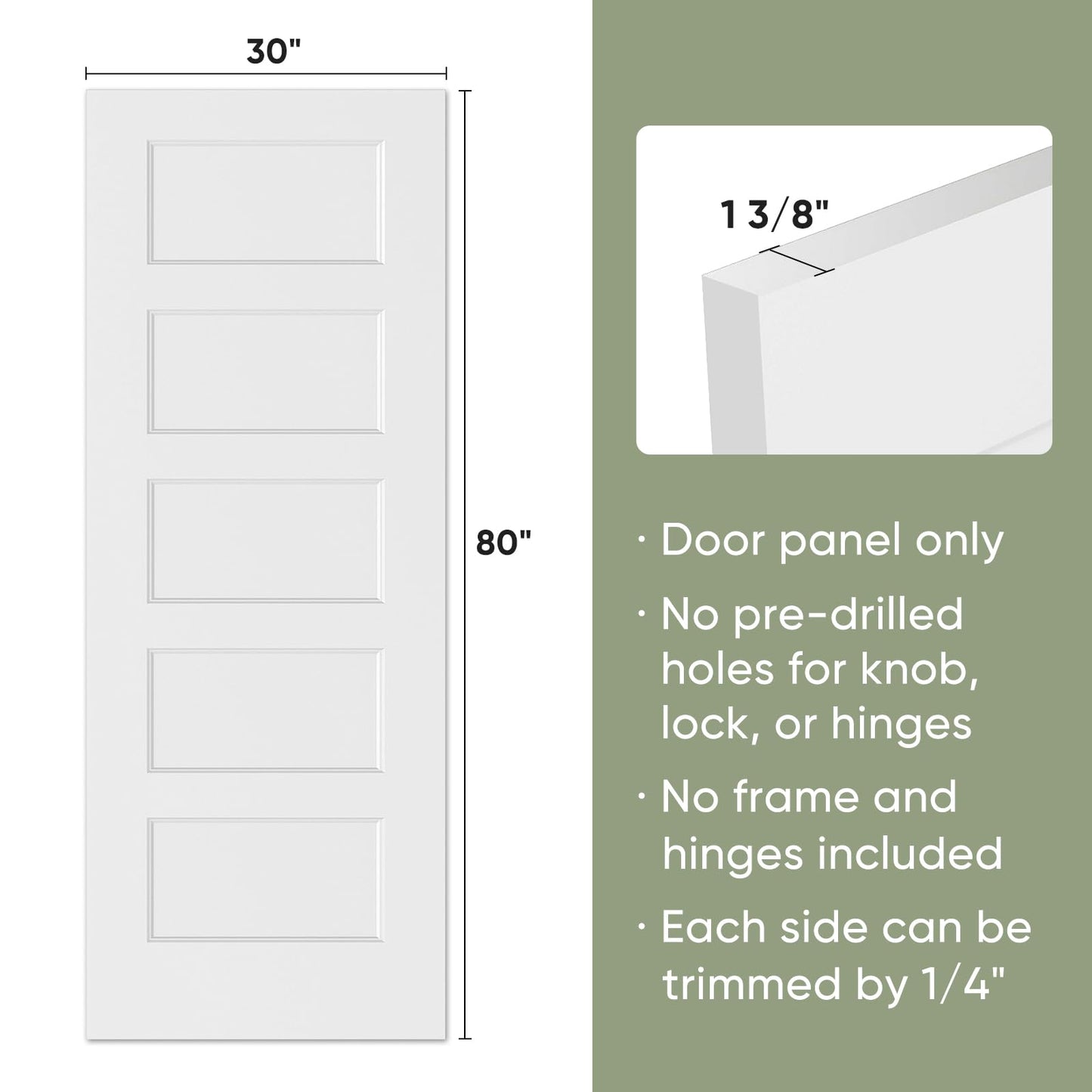 BARNSMITH 30x80 in 5-Panel White Primed Molded Door Slab, Shaker Style Paintable Hollow Core Interior Door Panel, for Swing, Pocket, Sliding Door, Durable and Lightweight, No Assembly Required