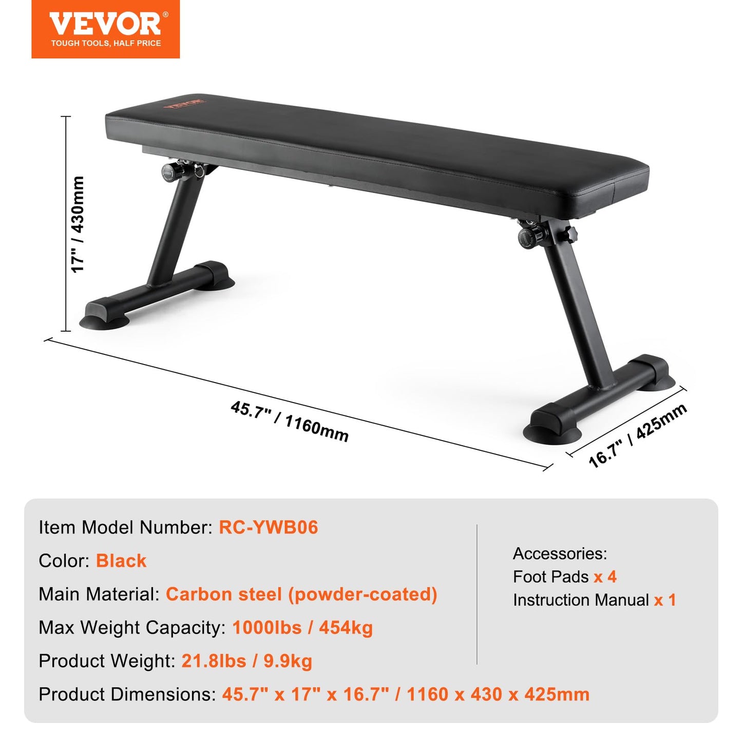 VEVOR Flat Weight Bench, Foldable Strength Training Bench, Utility Workout Bench for Full Body Workout, 1000 LBS Press Bench for Home Gym Exercise, for Multi-Purpose Weight Training and Ab Exercises
