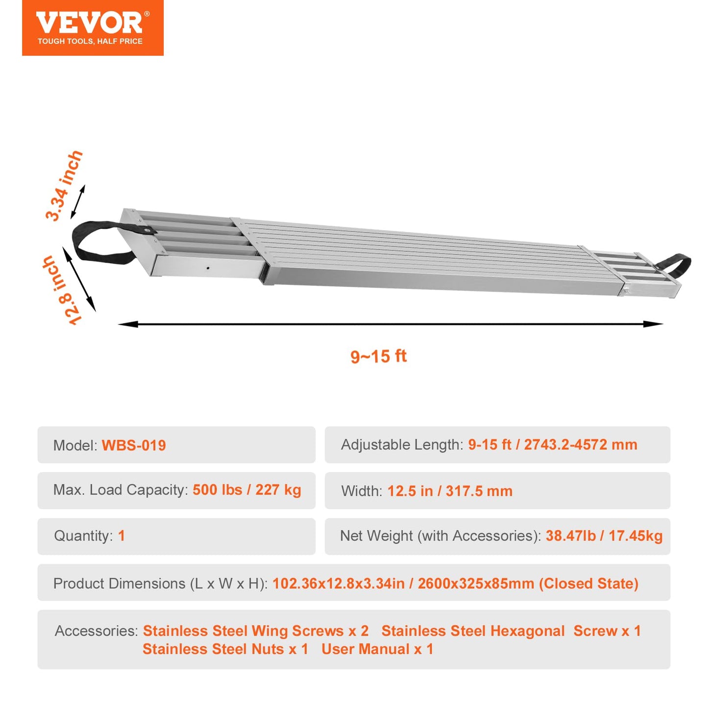 VEVOR Aluminum Telescoping Work Plank, 9-15FT, 500lbs Capacity, 12.5 inch Width, Scaffolding Plank with Skid-Proof Platform Scaffold Ladder Accessory