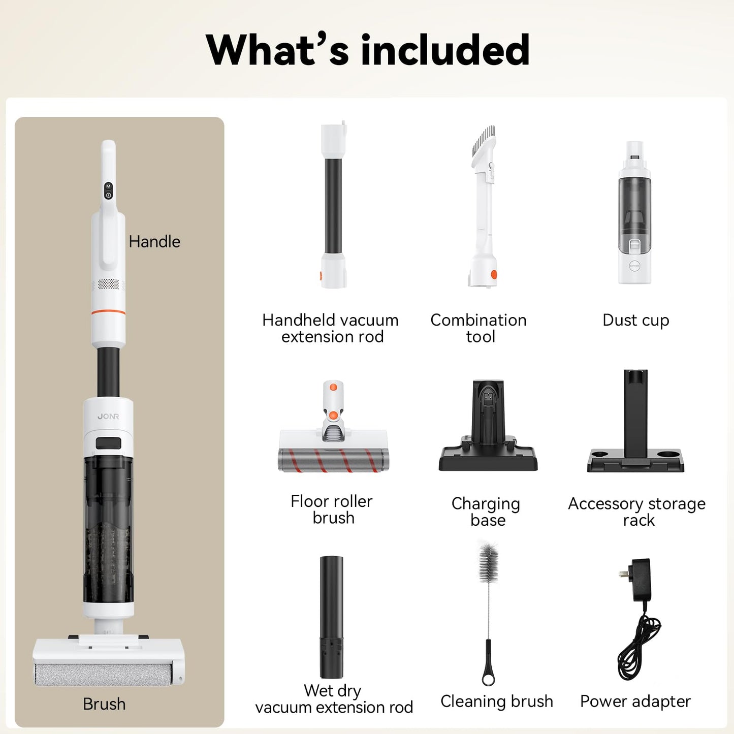 JONR ED20 Pro 4-in-1 Wet Dry Vacuum Cleaner Cordless,17000 Pa Vacuum Suction Power, Self-Cleaning and Automatic Drying with One Click, Intelligent Voice Reminder