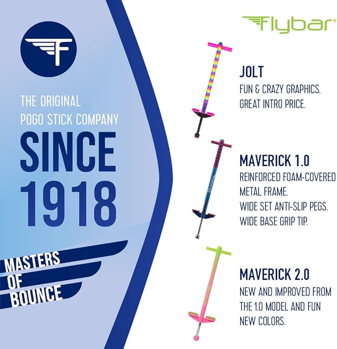 Flybar Maverick Foam Pogo Stick for Kids Age 5 and Up, 40 to 80 Pounds, Pogo Stick for Boys and Girls (Blue/White)