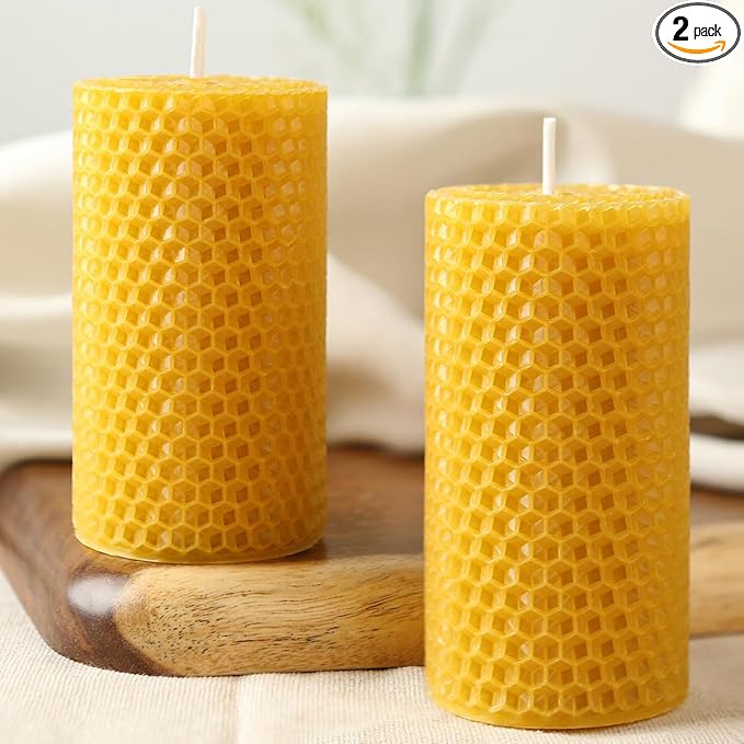 Hand-Rolled Beeswax Candles, 2 Packs, Handcrafted Honeycomb Beeswax Pillar Candles, Natural Bee Farm Gift for Candle Lovers,Home Decor, Air Purify (2x4 in)