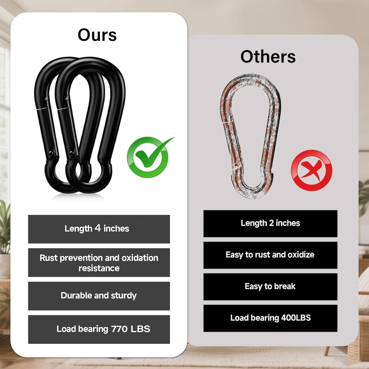 2Pcs Heavy Duty Spring Snap Hooks, 770LBS Capacity, Utility M10 Carabiner Clips, Heavy Duty Carbon Steel Carabiner Quick Link Snap Hooks for Hammock Fitness Gym Outdoor Boating