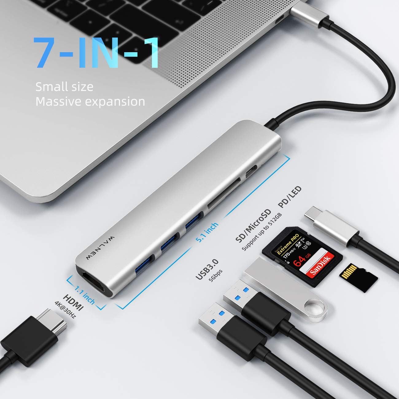 WALNEW 7-in-1 100W PD,4K 3.0, 3 M1 M2,iPad 6,Dell 15 13,Chromebook USB C Hub with HDMI,SD/TF Reader,USB Thunderbolt
