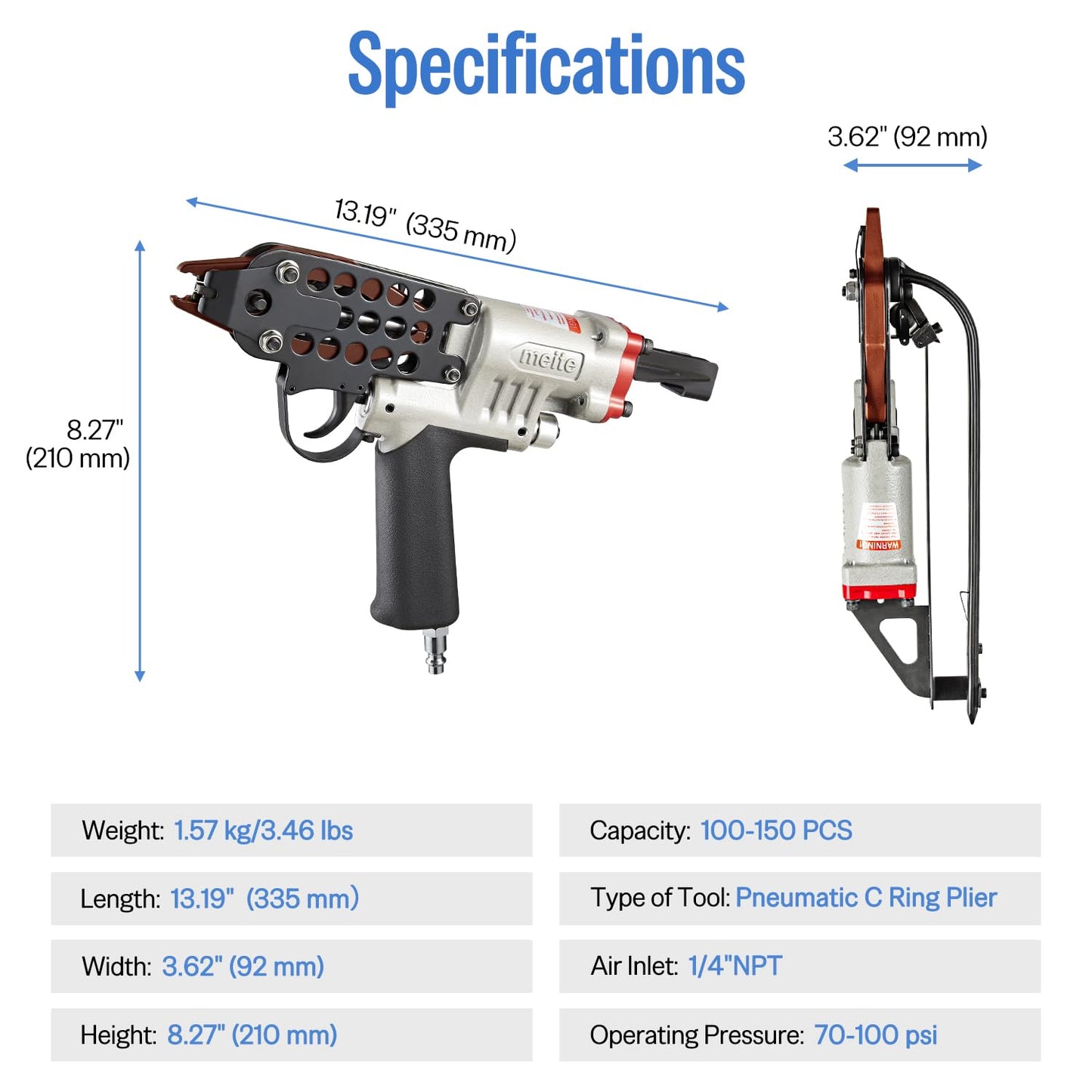 meite SC760C-I2 Pneumatic Hog Ring Gun, 16 Gauge 1/2" Crown Hog Ring Pliers, 2.6-3.6 mm Closure, Upgrade Trigger Air C Ring Stapler for Fencing, Upholstery, Pet Cages, and Bag Closing