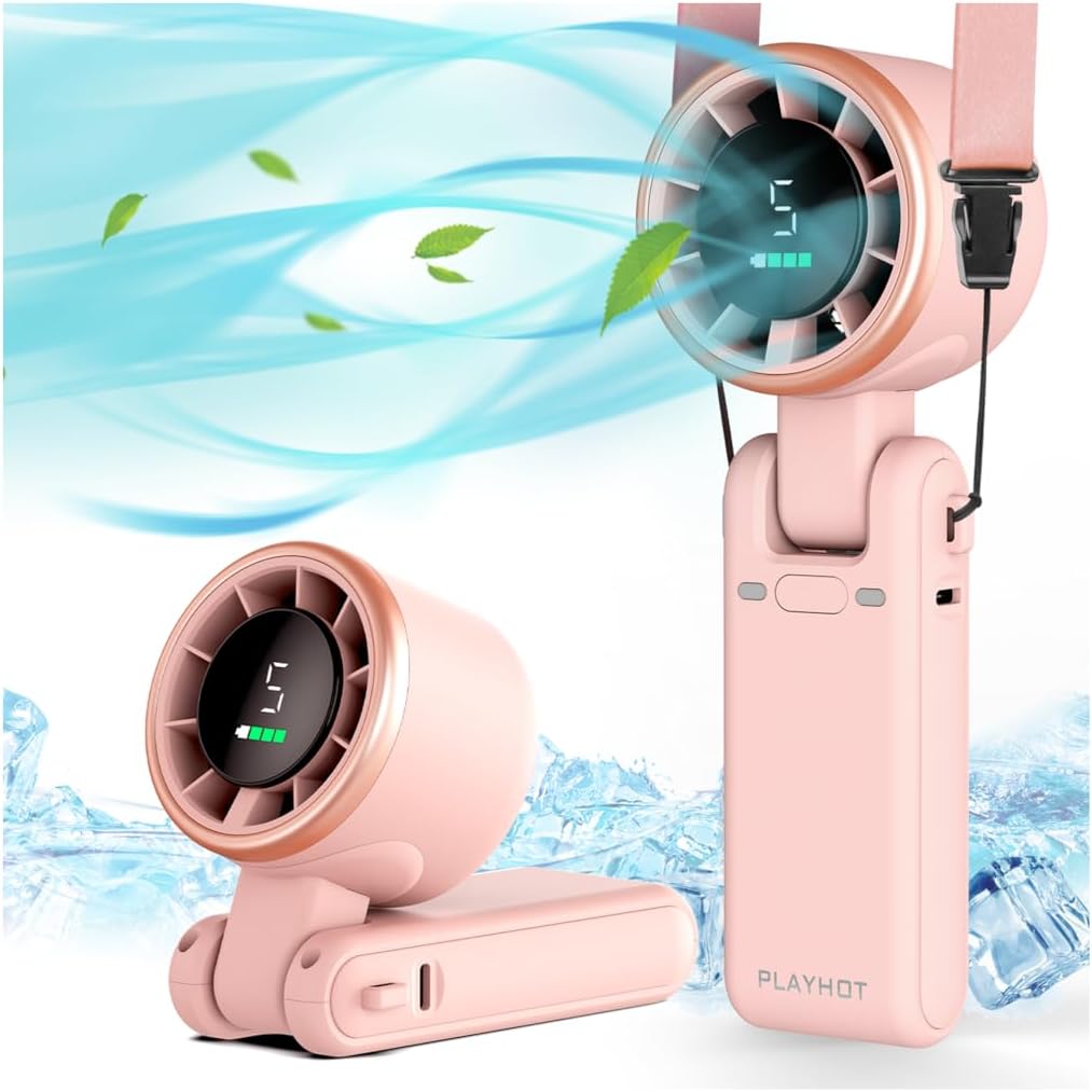 PlayHot Portable Handheld Turbo Fan - 5-Speed Rechargeable Personal Fan | 5000mAh Battery, 12-Hour Use, Lightweight 0.6lb, 3-in-1 Design (Pink)