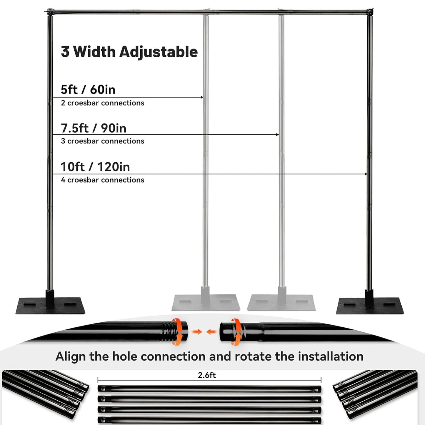 Heavy Duty Pipe and Drape Frame Kit 10x10ft Adjustable Height/Width Photography Background Support Poles All-Metal Construction Backdrop Stand for Party, Birthday, Wedding - Black