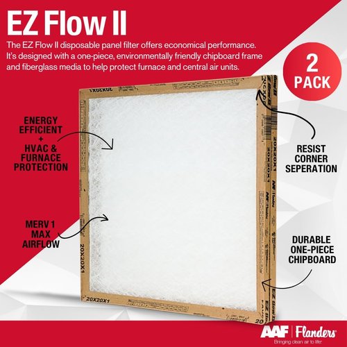 Flanders EZ-Flow II Air Filters - MERV 1, High-Airflow, Energy-Efficient, 20x20x1 (2-Pack)