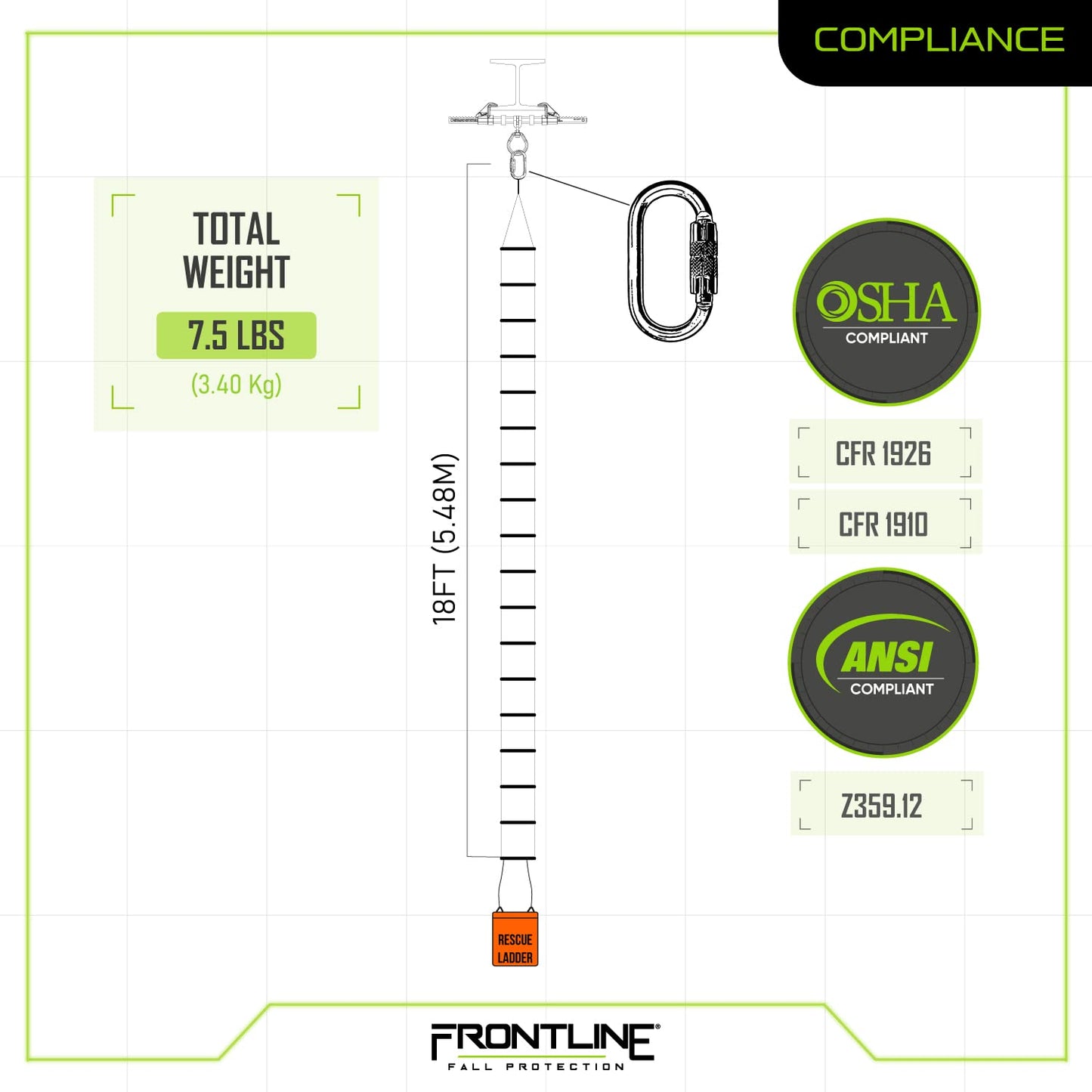 Frontline Fall Protection RLA18 Rescue Ladder Kit 18' | Breaking Strength: 5,000lbs/ 22kN | OSHA Compliant Rescue Kit with Deployment Bag | ANSI Z359.12 Steel Carabiner (30kN)