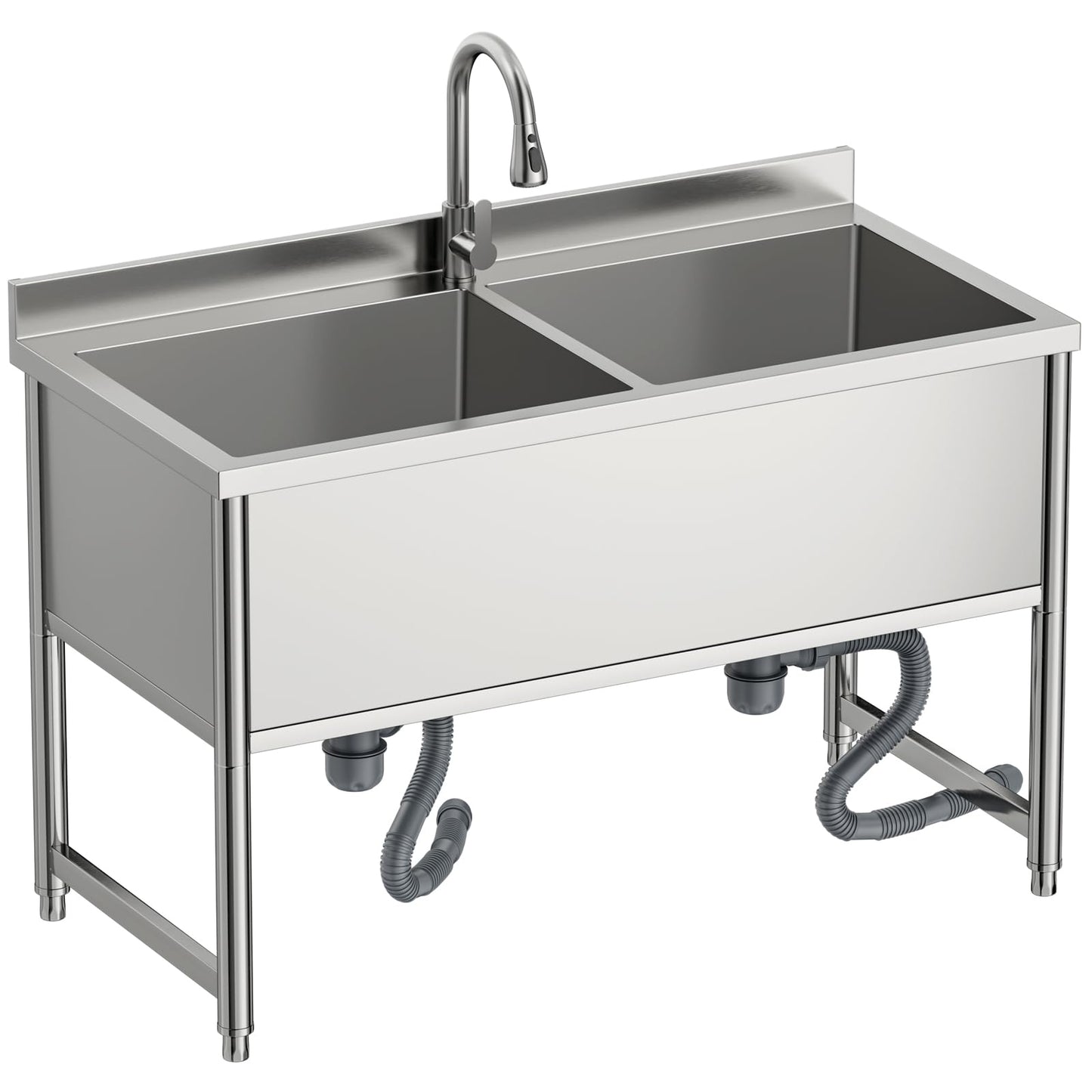 47" Stainless Steel Commercial Sink 2 Bowl Freestanding Kitchen Sink with Pull-out Faucet, Large Utility Sink for Kitchen, Dishwashing, Thawing, Laundry Room, Garage, Outdoor, Total Capacity 50 Gallon