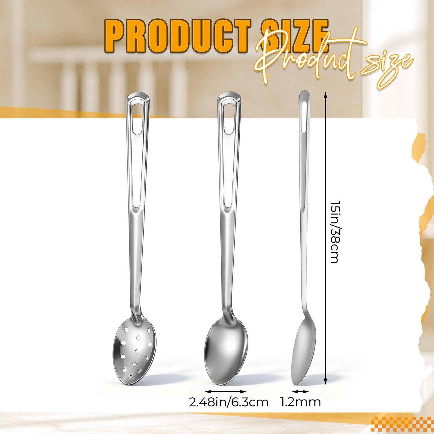 Teecyhooo 2 Pieces Silver Stainless Steel 15" Long Handle Basting Spoon Steel Solid and Slotted Spoon Set for Kitchen Serving Cooking Basting Accessories