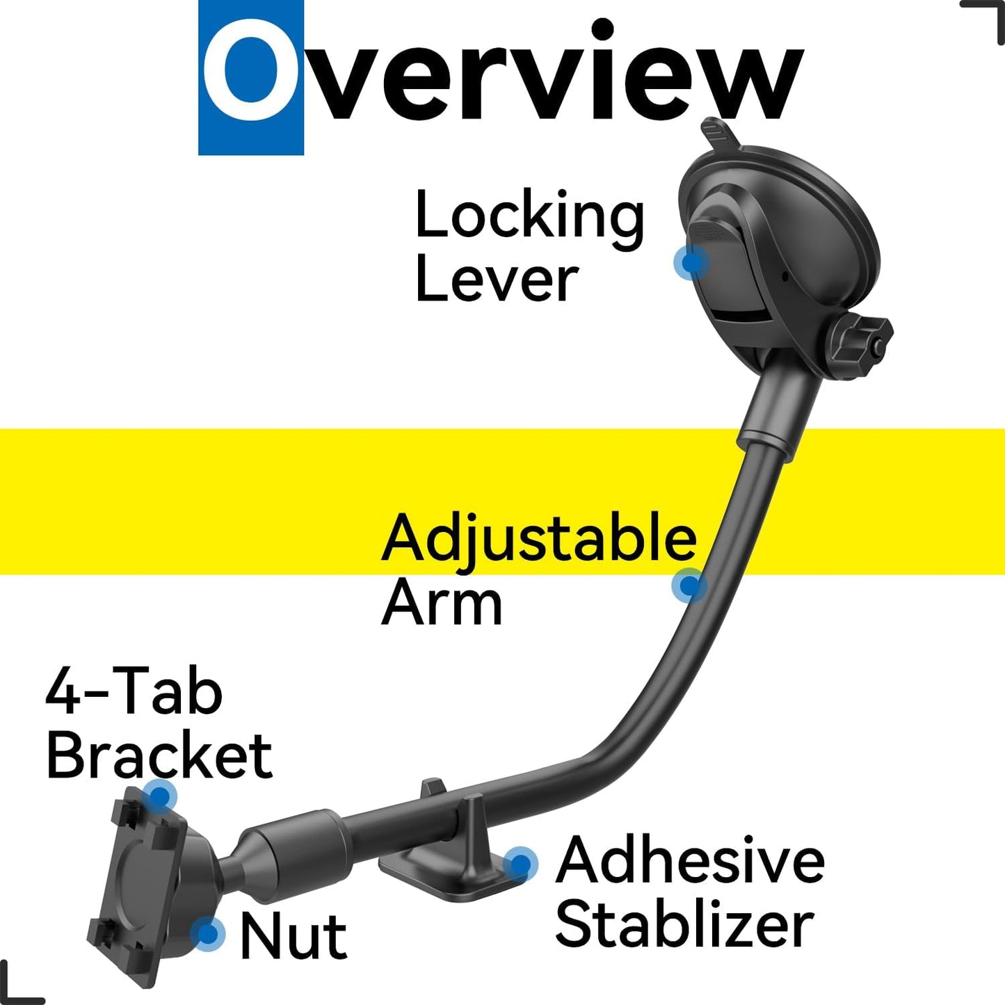 SkyTitan 300mm 4-Tab Long Arm Car Mount for Portable CarPlay Screens, Adjustable Angles, Within Reach Mounting Solution