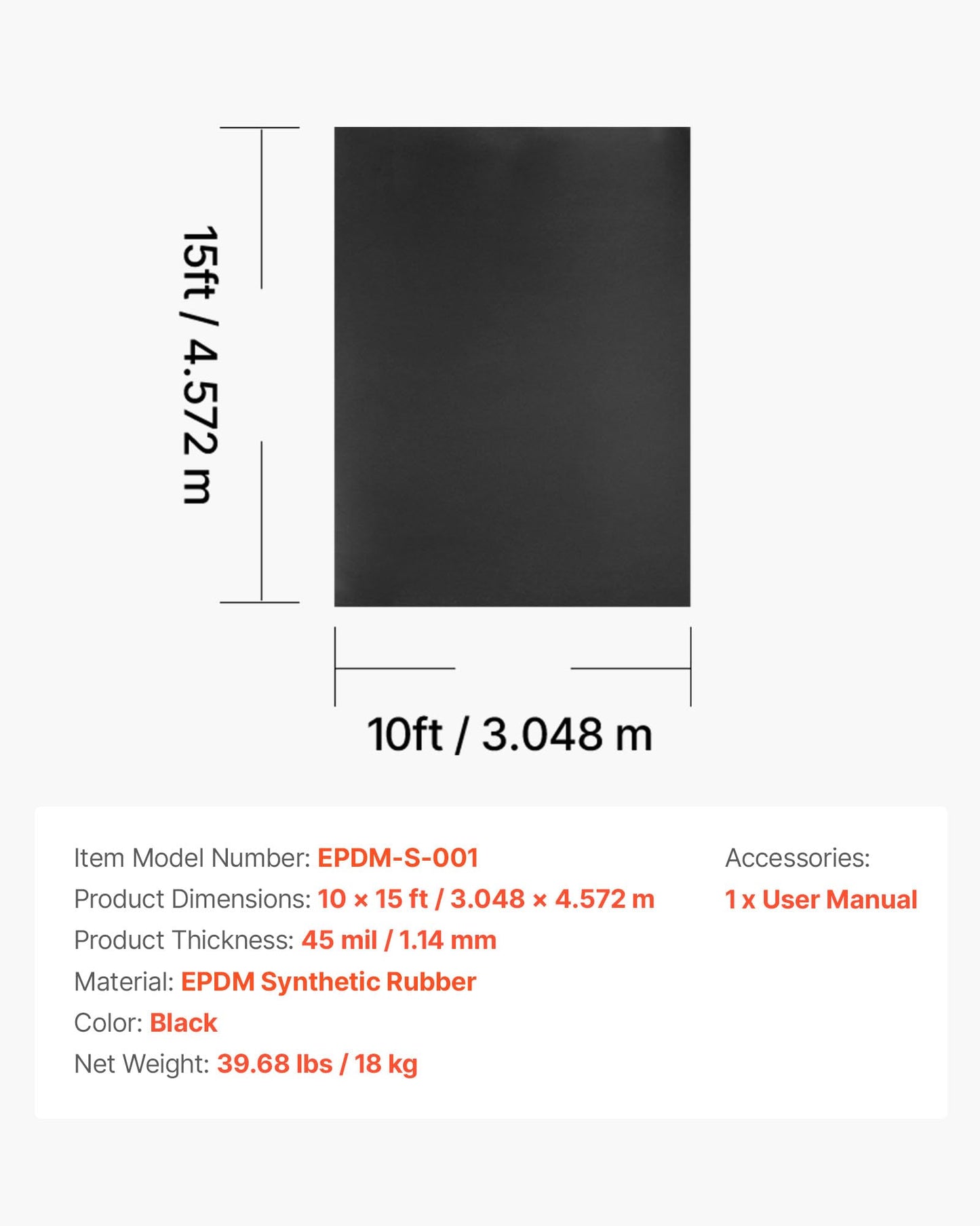 VEVOR Roll Roofing, 10 x 15 ft, 45 mil EPDM Rubber Roofing, Long Lifespan & Weather-Resistant, Withstands Harsh Temperatures, Flexible & Easy Installation, Roof Underlayment for RVs, Roofs, Ponds