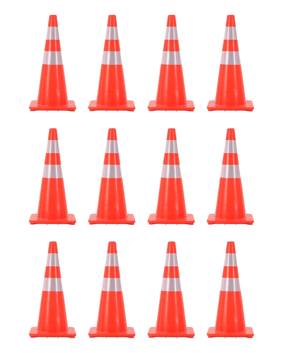 12 Pack Traffic Cone Set, 28 Inch High-Visibility Stackable Barriers with Reflective Collars, PVC Base, Collapsible Safety Stream Cones for Parking, Construction, Event Control, Sports Training