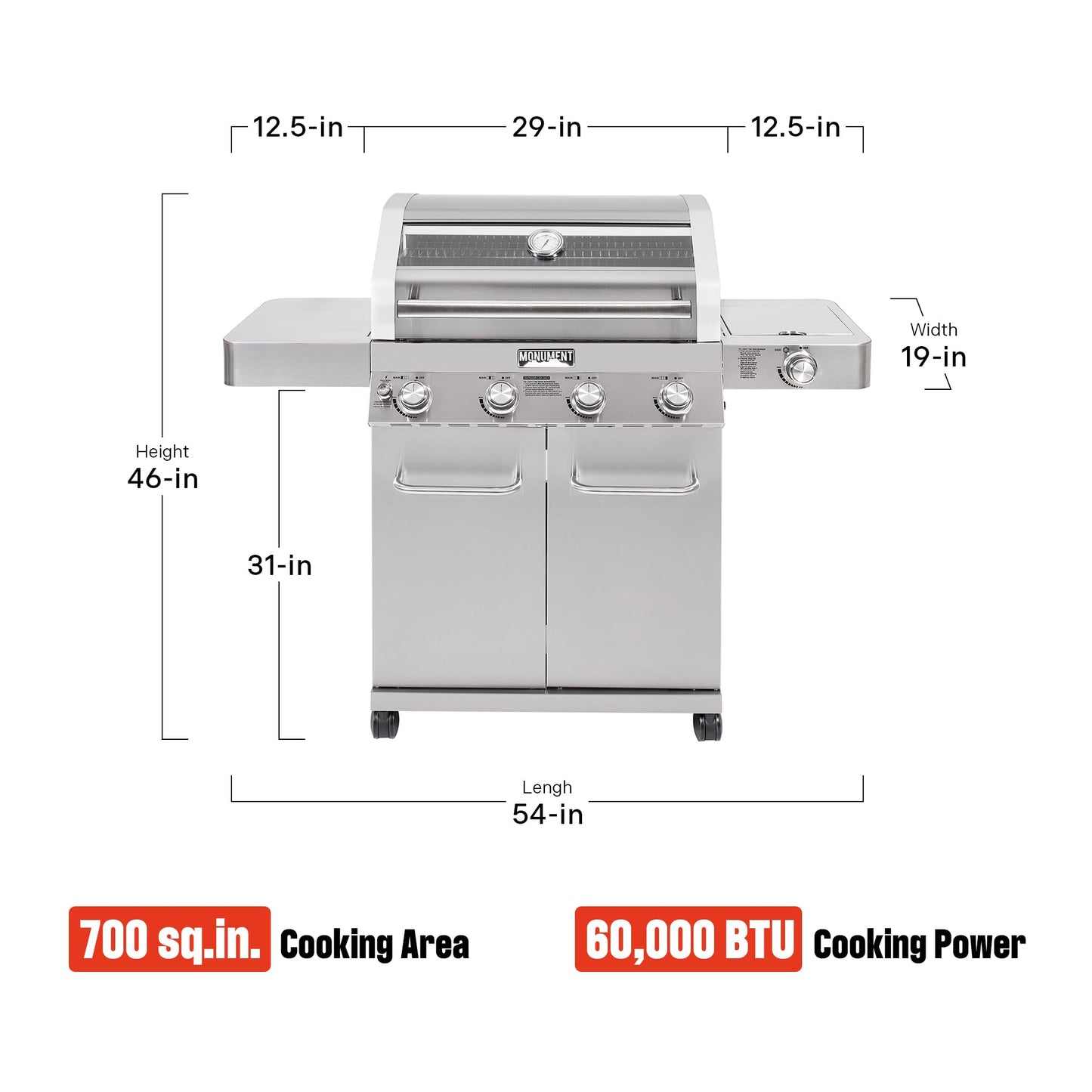 Monument Grills Larger Convertible 4 Burner Natural Gas Grill Stainless Steel Cabinet Style Propane Grills, LED Controls,Side Burner(Without Conversion Kit)