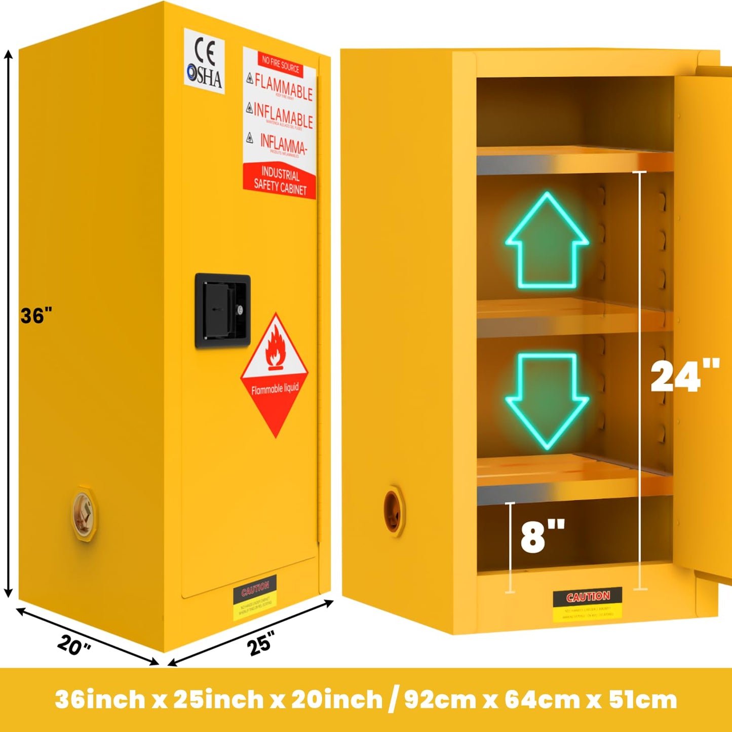 BLUEIAN 45 Gallon Flammable Storage Cabinet, 36" x 25" x 20" OSHA Fire Cabinet with ESD Grounding Cable, Stainless Steel Adjustable Shelf Flammable Safety Cabinet for Fireproof Chemical Storage