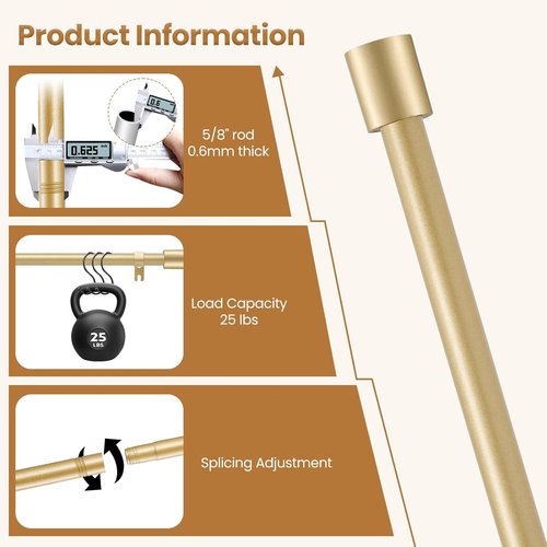 Gold Curtain Rod - Adjustable 28 to 48 Inch | 5/8 Inch Diameter with Brackets for Easy Installation