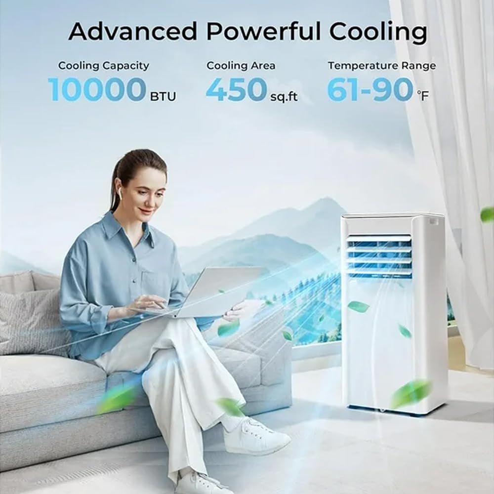 10000 BTU Portable Air Conditioner for 450 Sq.Ft, 3-in-1 AC Unit with Remote & LED Display, Quiet Cooling, Fan, Dehumidifier, Window Kit for Bedroom Home Office Dorm