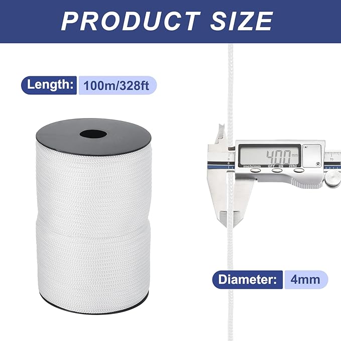 MECCANIXITY 5/32 Inch Polypropylene Rope Braided Ropes, 328ft Camping Rope Hollow Utility Cord for Clothesline, Hiking, Outdoor, White
