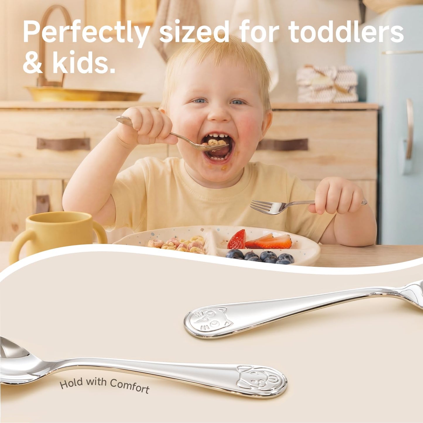 KINGSTONE Toddler Utensils Set, 6-Piece Small Forks & Spoons, 18/10 Stainless Steel, Cat & Dog Print, Ergonomic Self-Feeding Kids Flatware for Home, Travel & Preschool