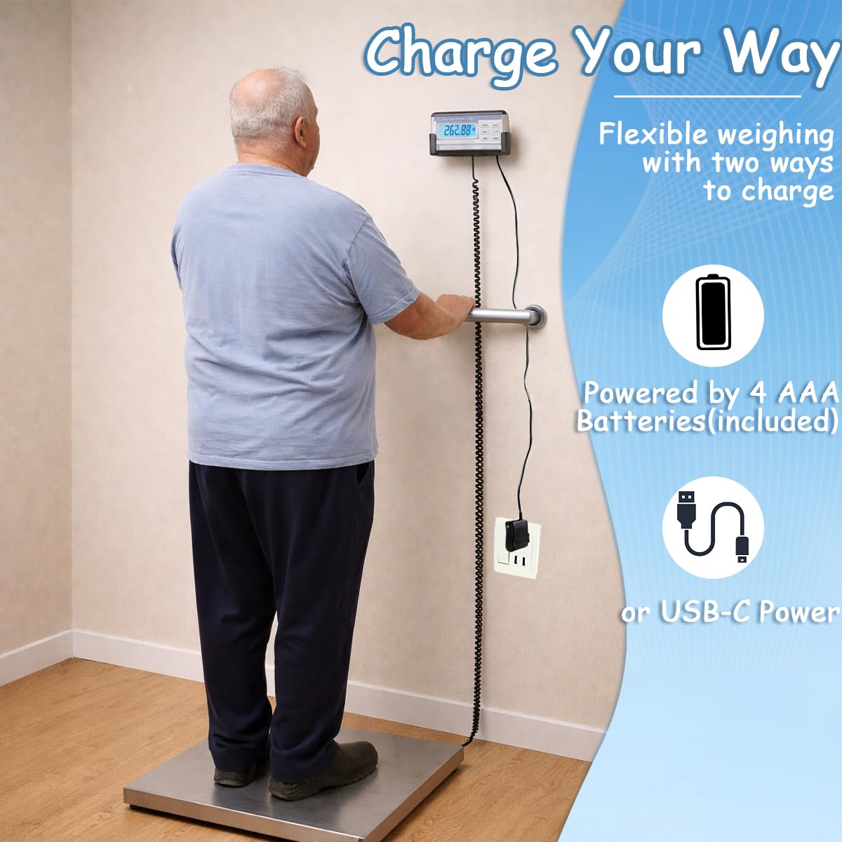 Extra Wide Heavy Duty Scale for Body Weight, 300kg/660 Lb Bariatric Scale w. Wall Mount External Digital Display, for Plus Size Person, Elderly, Doctor Office