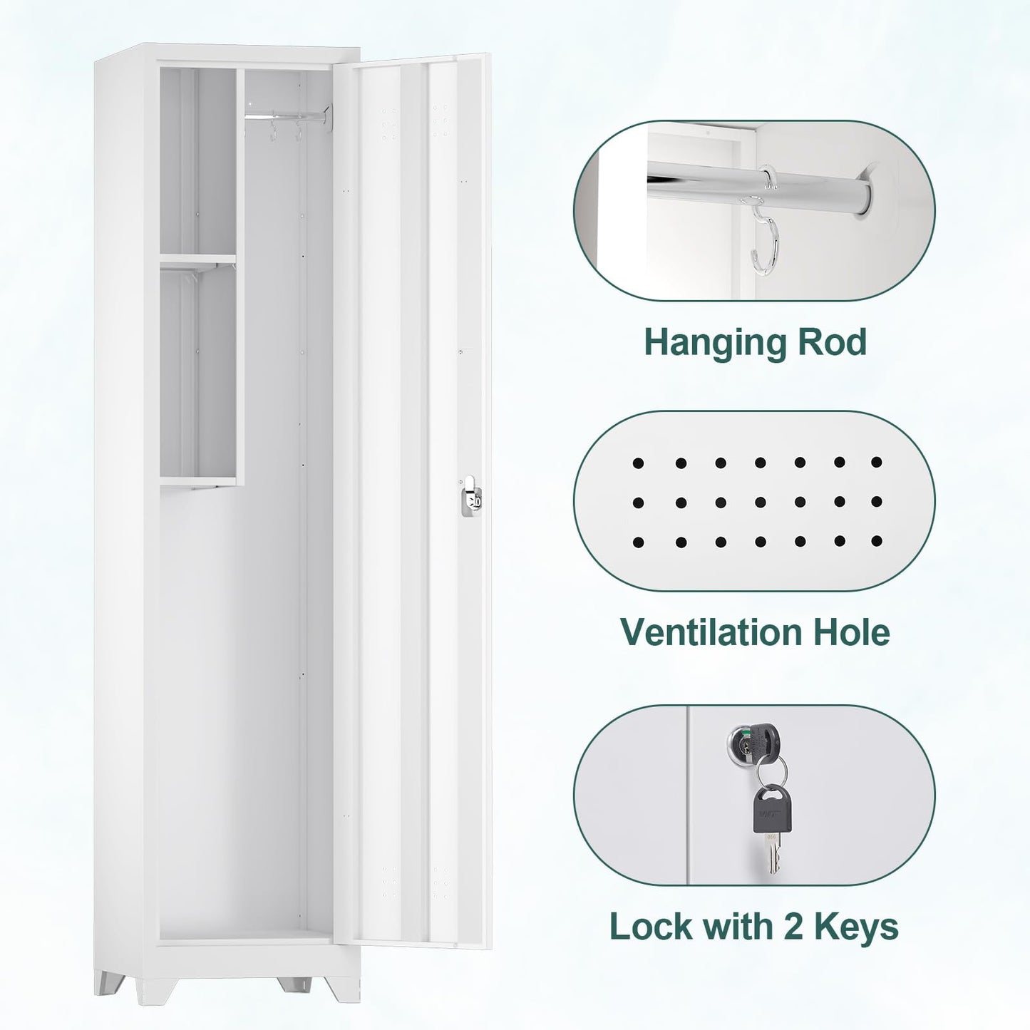 STEELIST Slim Broom Storage Cabinets, Metal Cabinet with Shelves and Hanging Rod, 15.75" W Utility Storage Cabinet with Locking Door, Slim Cabinet for Small Spaces, Kitchen, Pantry, Office, Shop