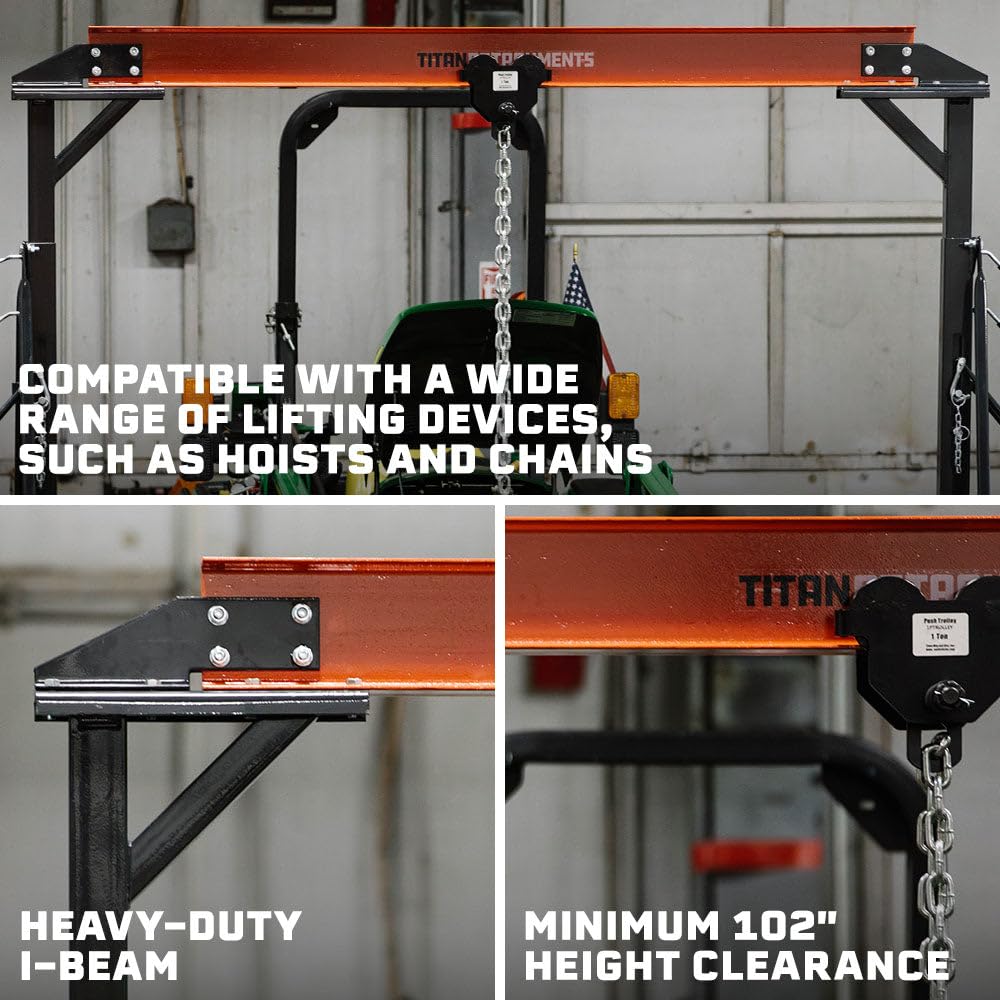 Titan Attachments Adjustable Gantry Crane, 1 Ton Capacity, Shop Lift Hoist Rated 2,000 LB, Portable Design with Locking Wheels, Adjustable Height up to 12 FT, Durable Steel Construction, Frame Only