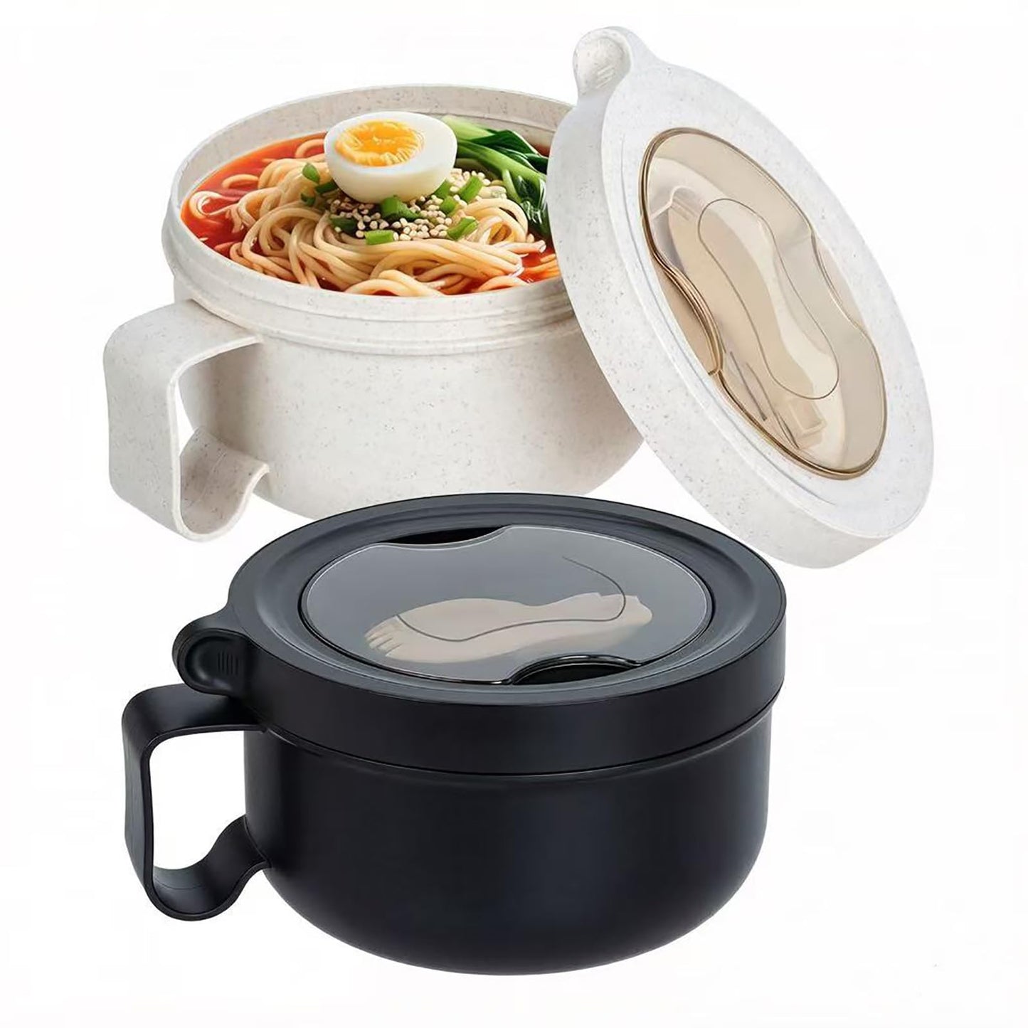 OZY Microwave Bowl Set with Lids and Handles,Ramen Noodles Cup Mug for Instant Noodles,Oatmeal,Salad,Soup,Cereal,Ideal for Home,Office, Dorm,BPA-Free (Black Beige)