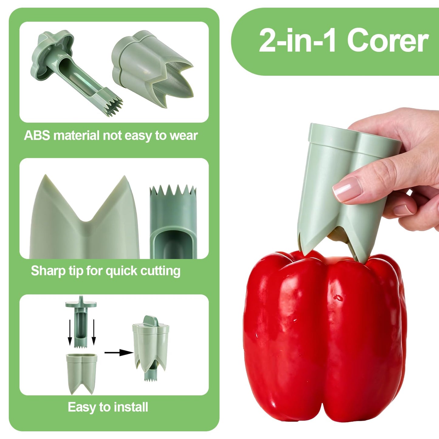 Pepper Corer,Chili Seed Remover Tool,Durable ABS Kitchen Gadget for Bell & Chili Peppers, 2-in-1 Design, Easy Twist Use, Ideal for Home Cooking, Camping(Green)