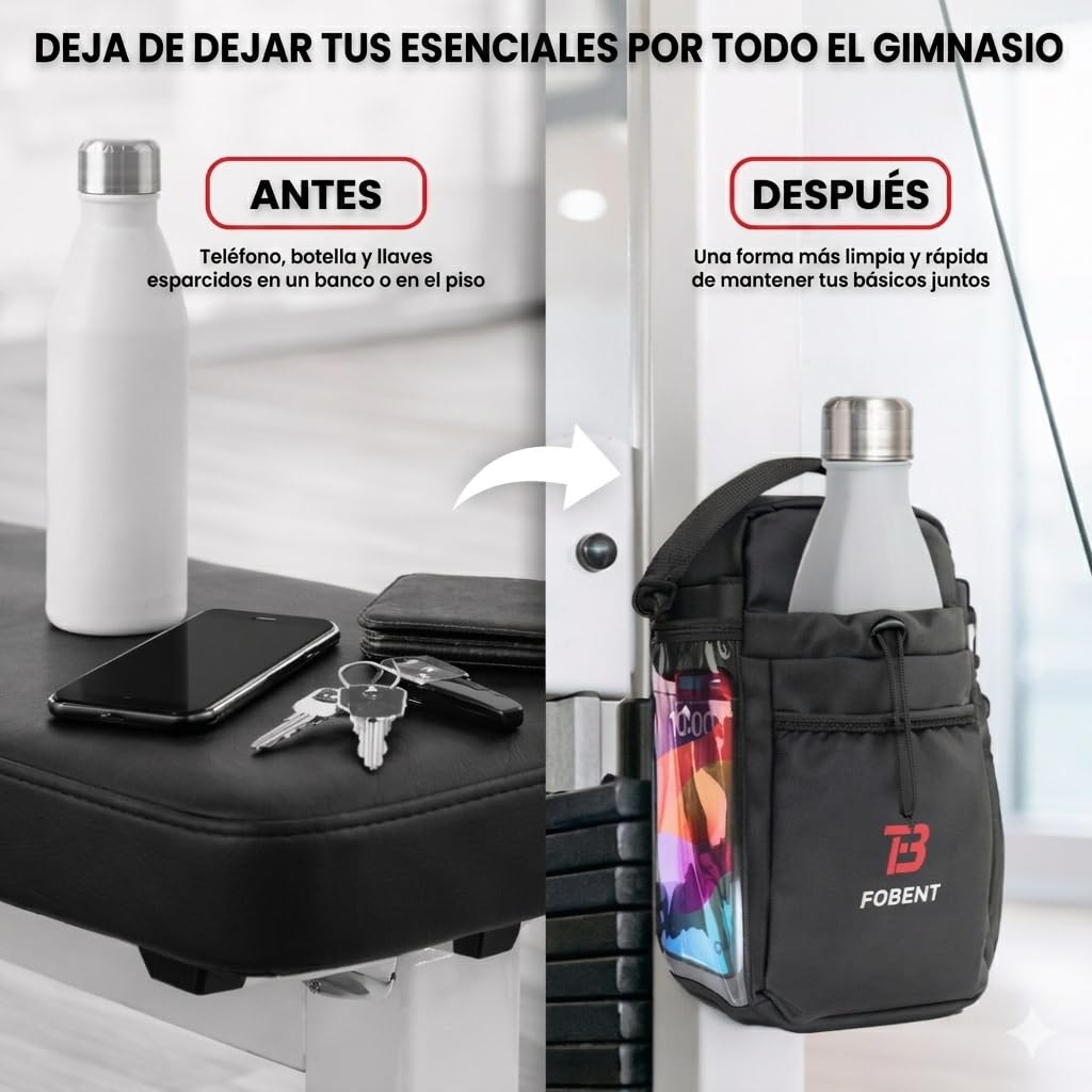 FBT Fobent Magnetic Gym Bag with Phone Pocket & Bottle Holder, 3 N52 Magnets, Full Non-Slip Back, Compact Gym Organizer for Racks & Machines, Holds Keys, Towel, Straps & Workout Essentials