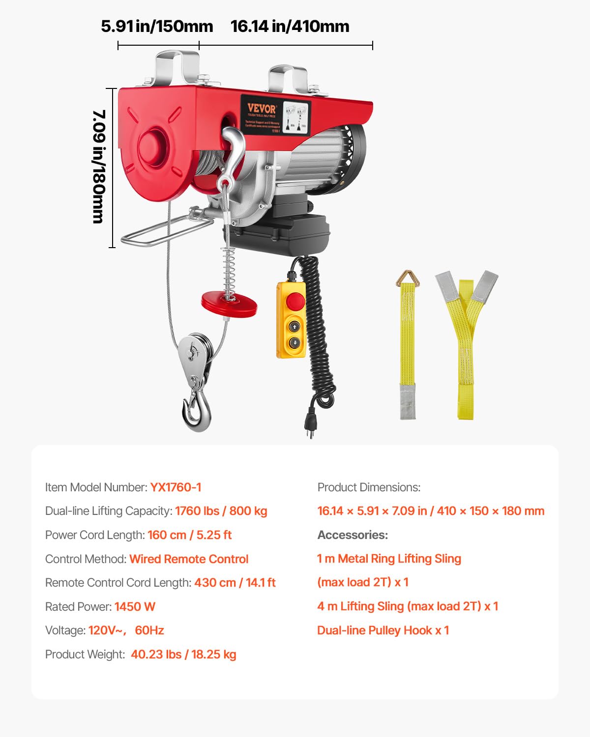 VEVOR Electric Hoist 1760lbs with 14ft Wired Remote Control, Electric Hoist 110 Volt with 40ft Single Cable Lifting Height Motor, for Garage Warehouse Factory