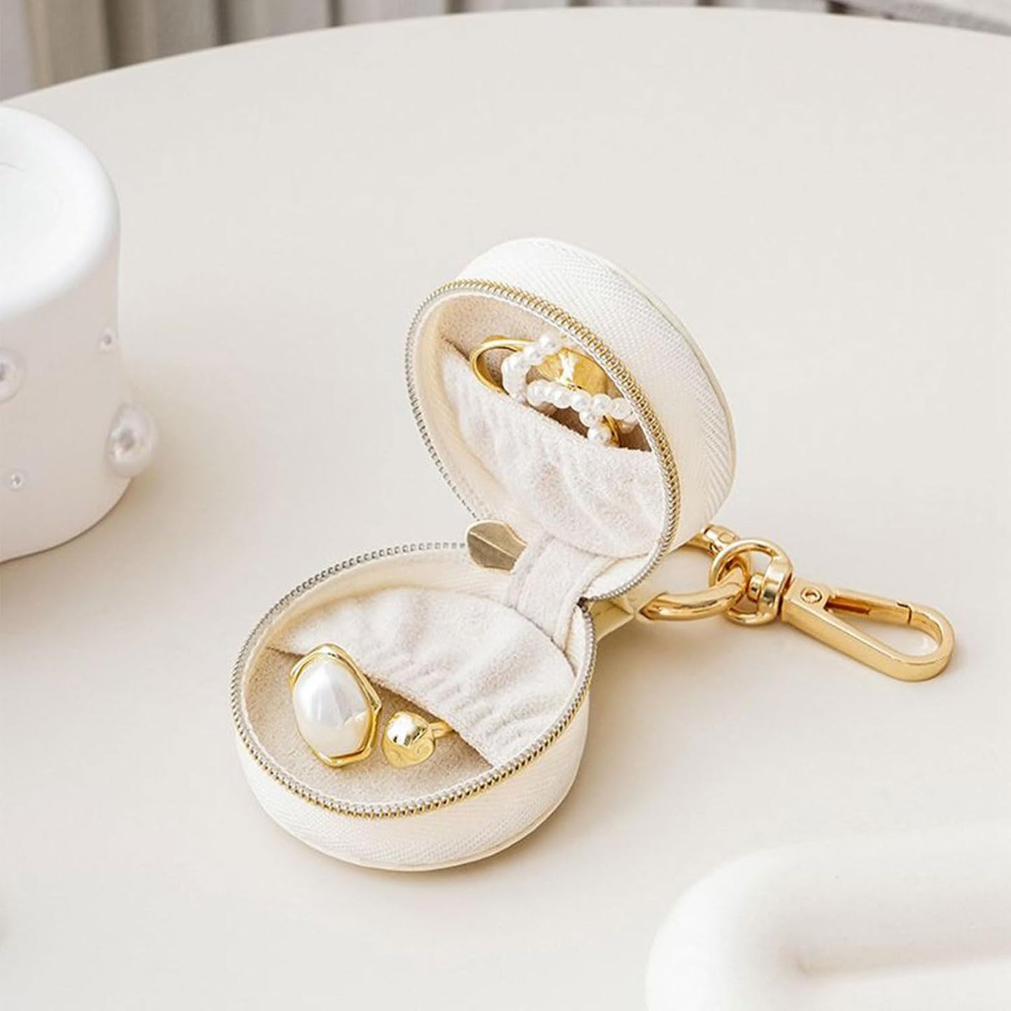 BWTRQ Jewelry Ring Holder Keychain - Portable Travel Sports Ring Keeper Case - Mini Small Versatile Carrying Display Storage Organizer Box With Key Chain (White)