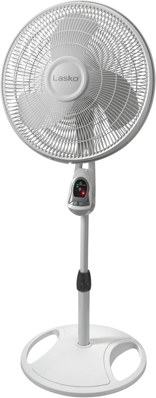 Lasko 16-Inch Oscillating Pedestal Stand Fan - Adjustable Height, Timer & Remote Control | White