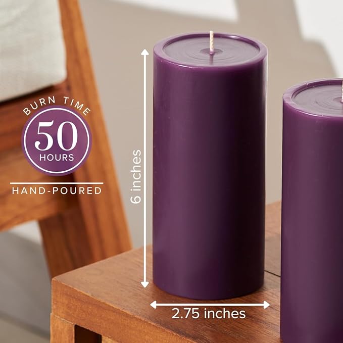 Simply Soson 3x6 inch Purple Pillar Candles Set of 3, Smooth Texture, Unscented Purple Candles, Dripless Candles, 3 inch Pillar Candles Ideal as Wedding, Parties, Spas, Dinner, Home Decoration, Church