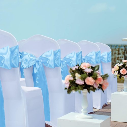 Babenest Satin Chair Sashes - Upgraded 50 Pcs Chair Ribbons & Bows for Weddings & Events | Baby Blue